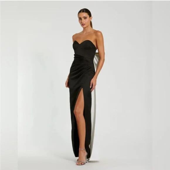 Mac Duggal 49879 Black Satin Strapless Bustier Gown With Oversized Bow Sz 8 - Picture 1 of 11